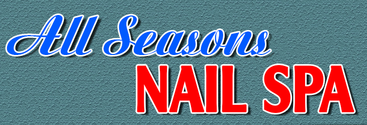 All Seasons nail spa gun barrel city logo in blue and red cursive and sans serif 
