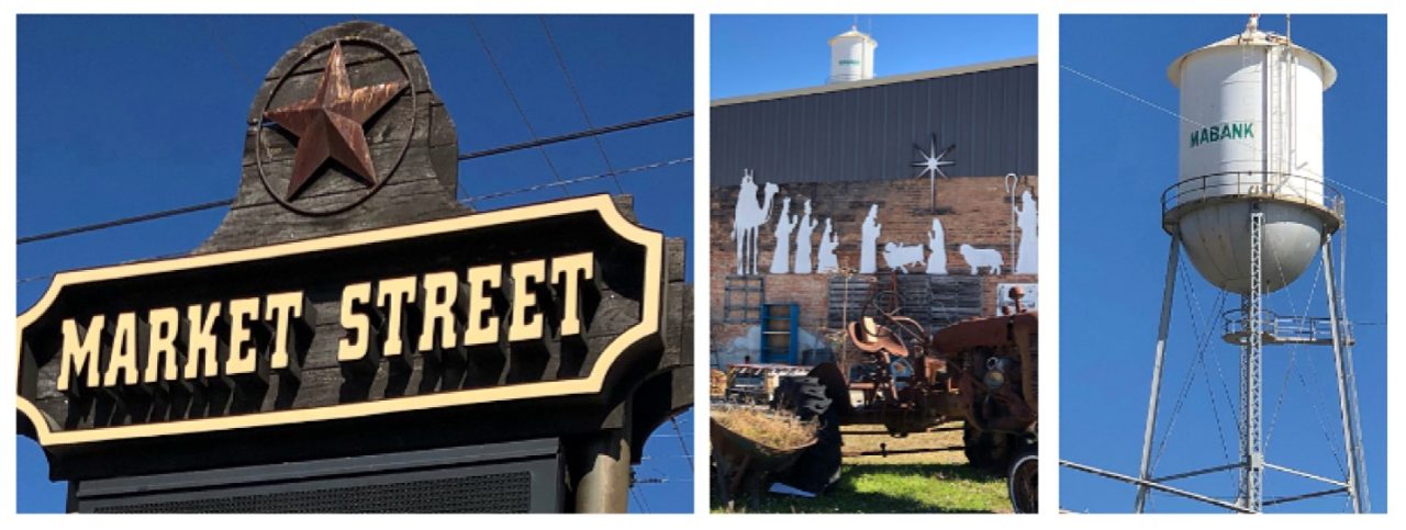 Market Street Nest wooden sign, nativity scene and Mabank water tower 