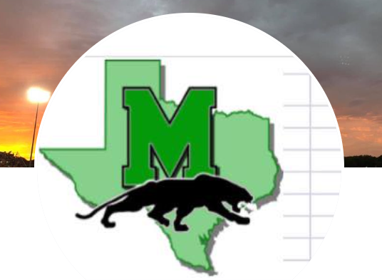 mabank football logo with texas in green and a panther and a sunset in the background