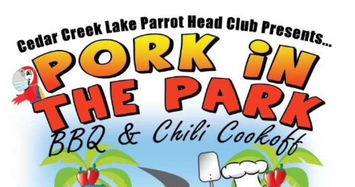 logo for pork in the park event, cartoon poster with chef bird and tropical colors