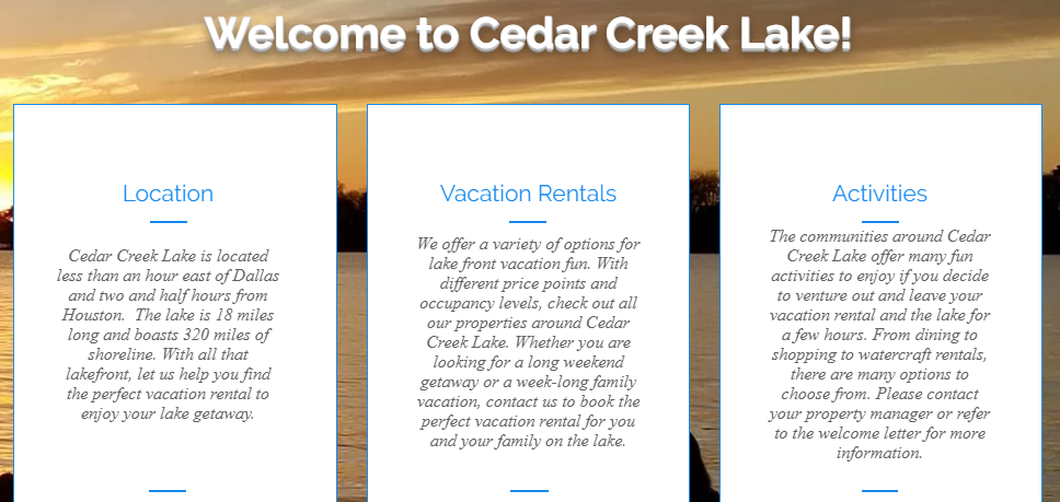 Cedar Creek Lake Getaways 3 2 3 CedarCreekLake.Online