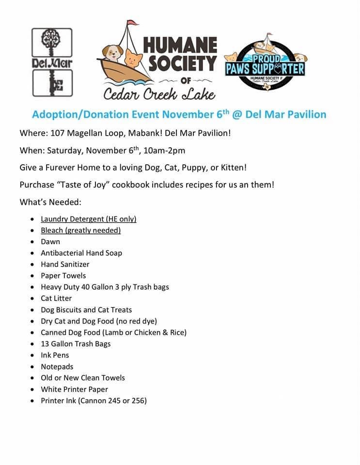 Humane Society of Cedar Creek Lake Pet Adoption Event 1 humane society november 6h del mar 1 CedarCreekLake.Online