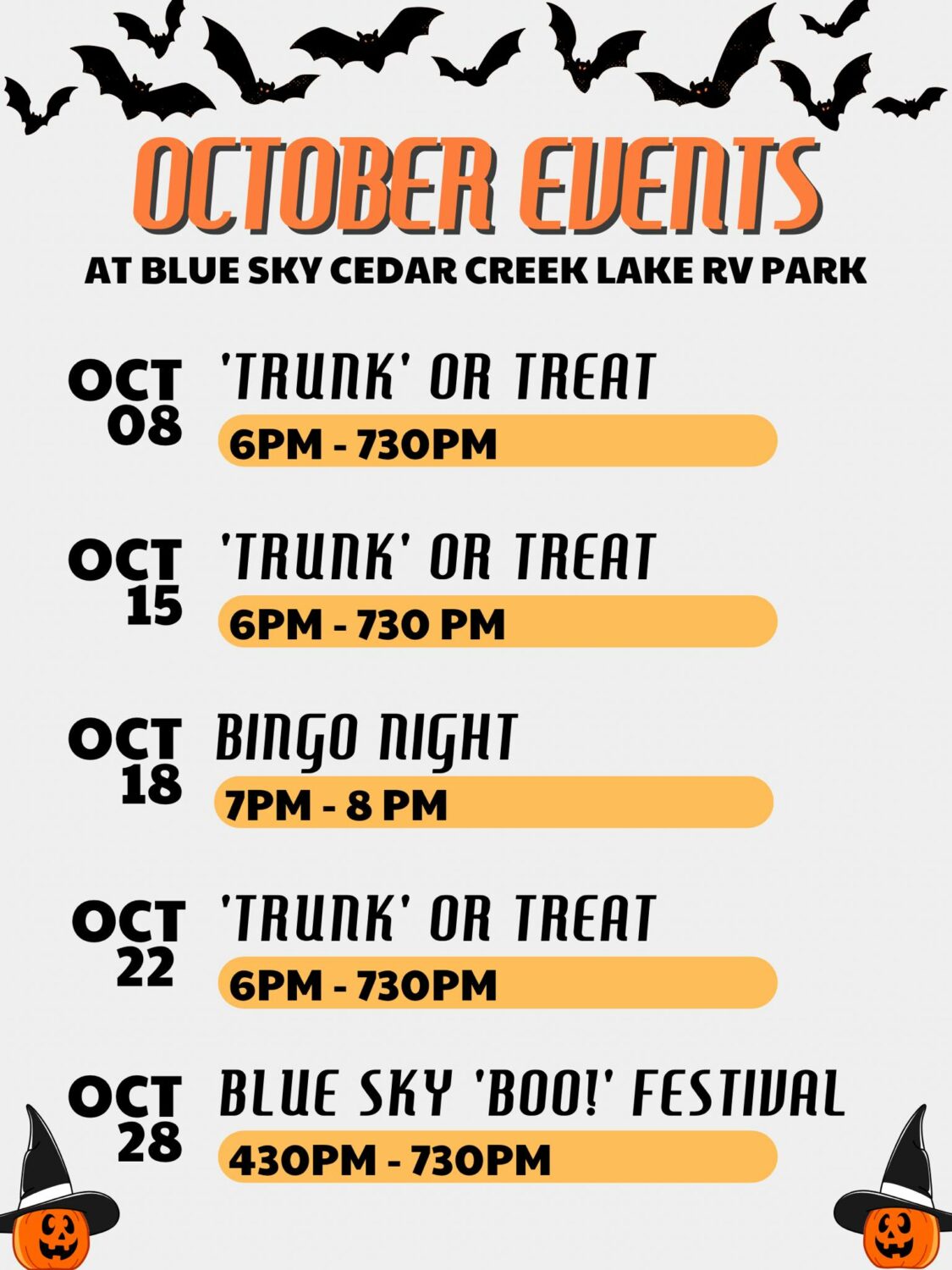 October Events At Blue Sky Cedar Creek Lake RV Park 2 October 22 2 CedarCreekLake.Online