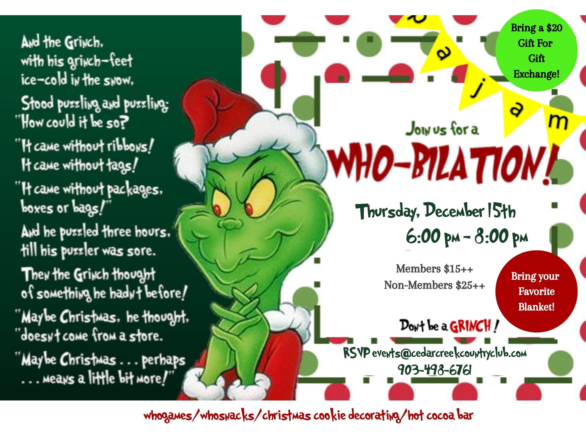 The Grinch Pajama Party at CCL Country Club 1 grinch christmas CedarCreekLake.Online