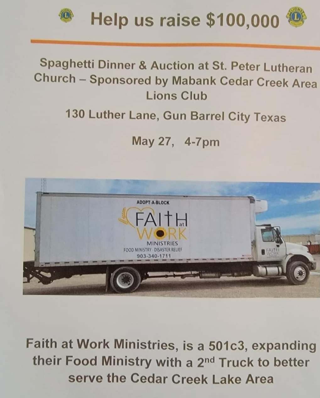 Spaghettis Dinner benefit for Faith At Work Ministries 2 cedar creek lions club CedarCreekLake.Online