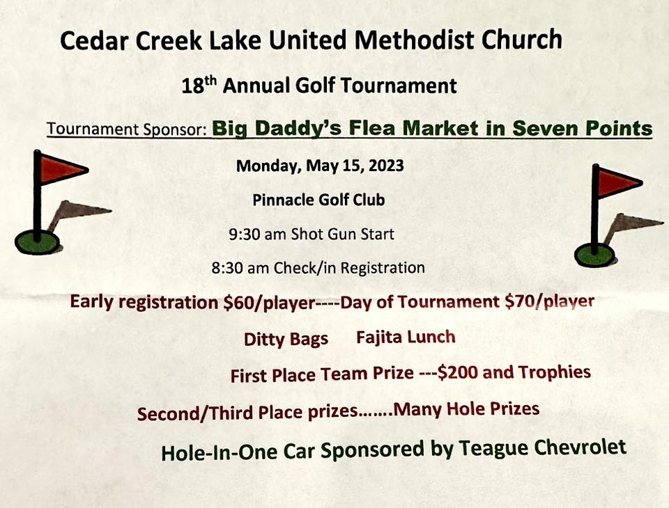 18th Annual Golf Tournament Cedar Creek Lake UMC 2 CCL United Meth Golf Tournament CedarCreekLake.Online