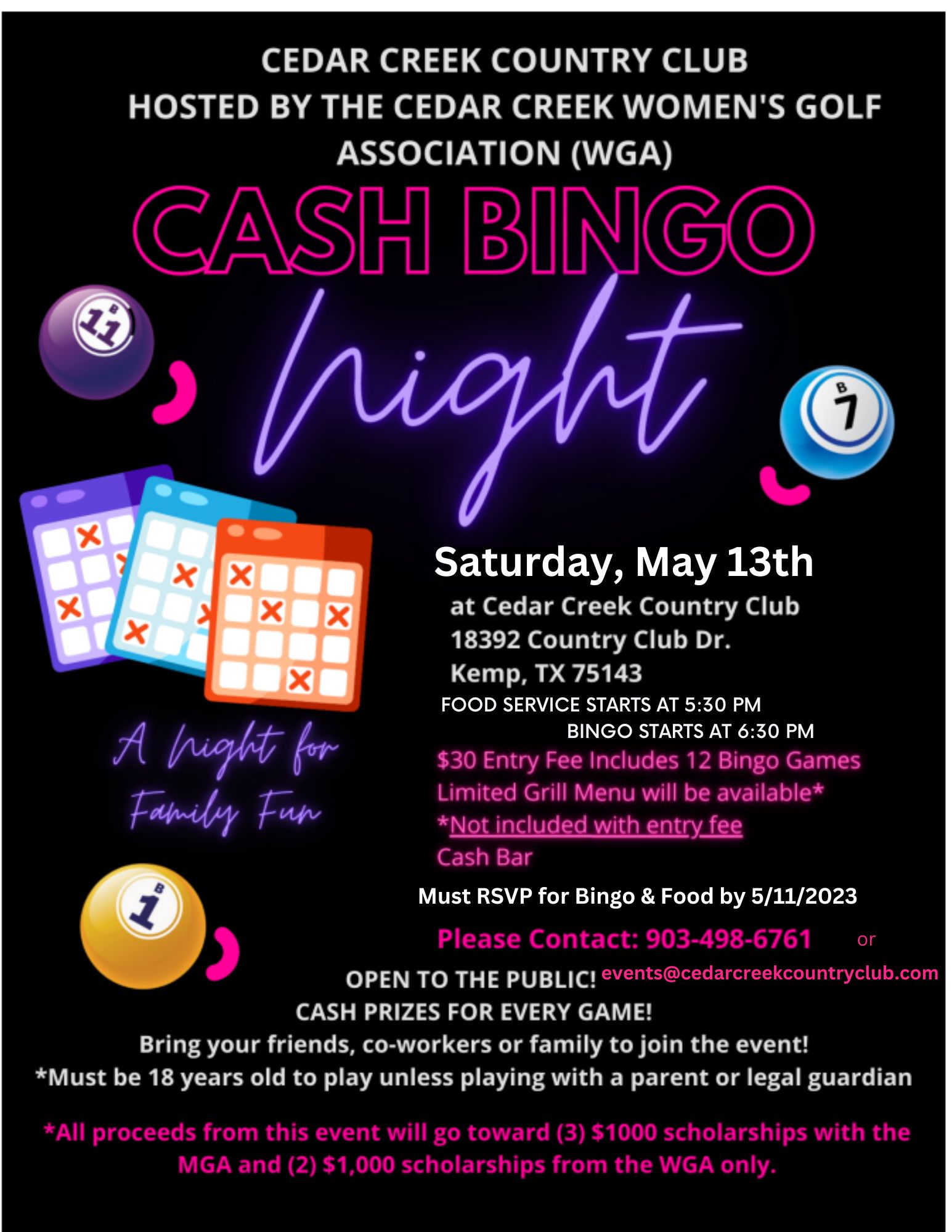 Cash Bingo Night at Cedar Creek Country Club 1 cash bingo night CedarCreekLake.Online